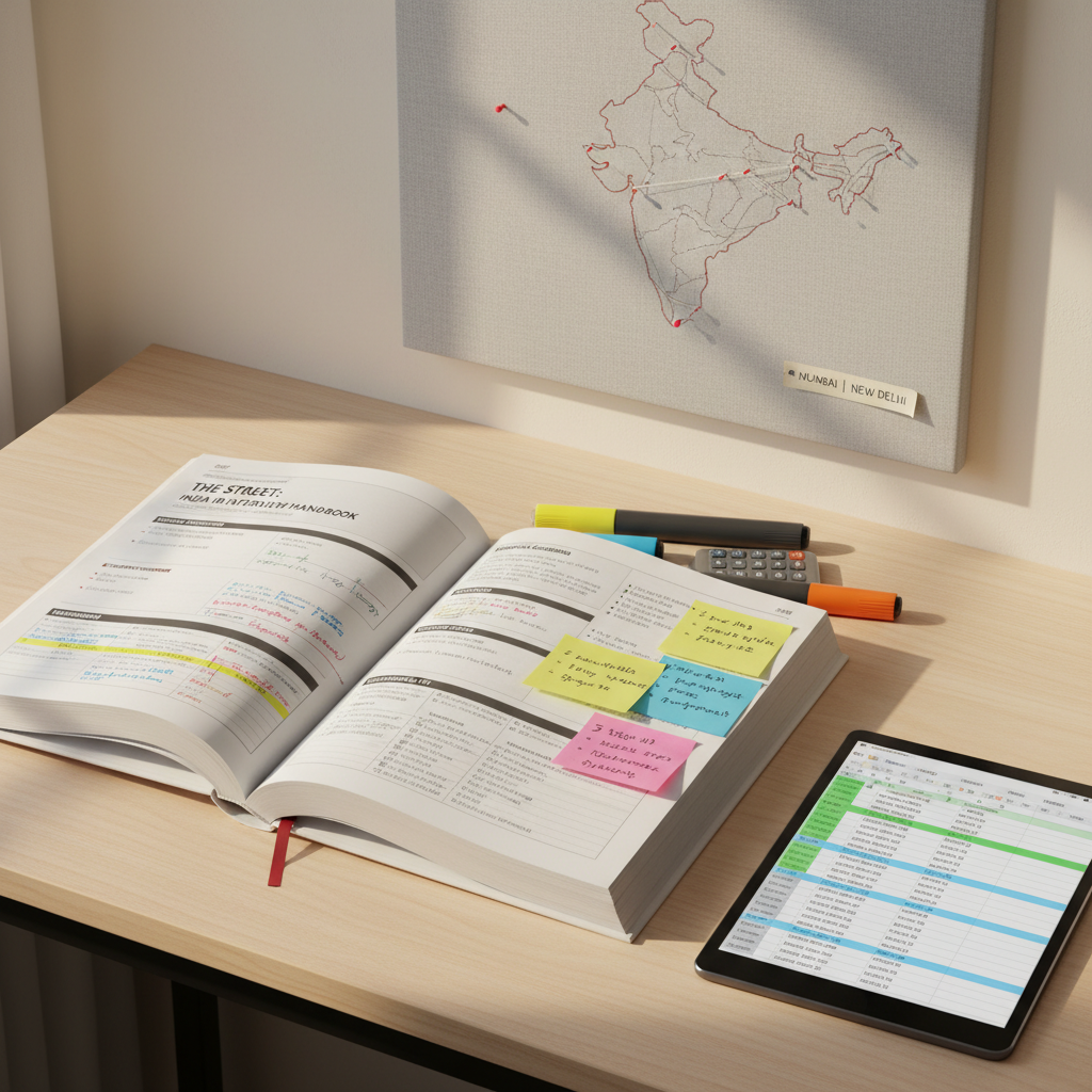 A detailed close-up of a printed investment banking interview preparation guide spread open on a tidy study table, surrounded by highlighters, sticky notes, and a calculator. A sleek tablet beside it displays a financial modeling spreadsheet with colorful cells and formulas. The table rests against a neutral wall with a faint outline of India’s map on a pinboard in the background, symbolizing the local career focus. Warm afternoon light from a nearby window casts soft shadows across the pages. Photographic realism with an overhead, slightly angled composition captures every margin note and tab, creating a focused, studious mood that reflects disciplined interview preparation.